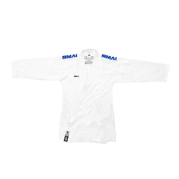 A white SMAI WKF Karate Uniform Pack – 8oz Premium Kumite Gi – Jin jacket with "SMAI" in blue on both shoulders, shown flat on a white background. Features a label near the hem; perfect for martial artists seeking quality.