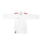 The SMAI WKF Karate Uniform Pack - 8oz Premium Kumite Gi - Jin features a white jacket with red "SMAI" logos on the shoulders, long sleeves, and a small label near the hem, displayed flat against a white background.