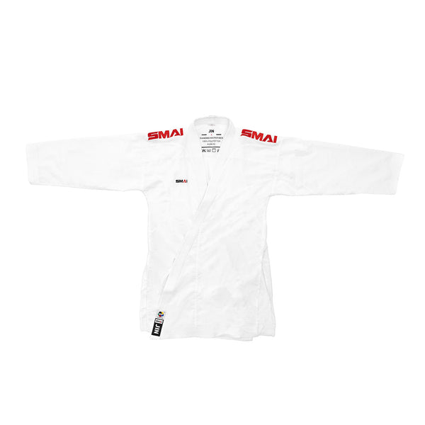 The SMAI WKF Karate Uniform Pack - 8oz Premium Kumite Gi - Jin features a white jacket with red "SMAI" logos on the shoulders, long sleeves, and a small label near the hem, displayed flat against a white background.