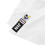 Close-up of the WKF Karate Uniform Pack - 8oz Premium Kumite Gi - Jin by SMAI, a white karate uniform with "WKF APPROVED," "SMAI," and "JIN" labels, detailed stitching, perfect for martial arts competitions.