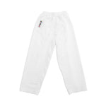 A pair of white SMAI WKF Karate Uniform Pack - 8oz Premium Kumite Gi - Jin pants with an elastic waistband and a colorful hip patch, shown on a plain white background. Perfect for WKF-approved Kumite gi or competition sets.