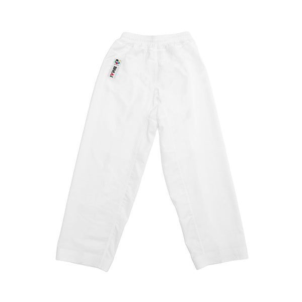 A pair of white SMAI WKF Karate Uniform Pack - 8oz Premium Kumite Gi - Jin pants with an elastic waistband and a colorful hip patch, shown on a plain white background. Perfect for WKF-approved Kumite gi or competition sets.