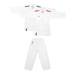The SMAI WKF Karate Uniform Pack - 8oz Premium Kumite Gi - Jin features two overlapping white karate jackets with blue and red "SMAI" labels and matching pants, ideal for anyone seeking a WKF Approved competition gi.