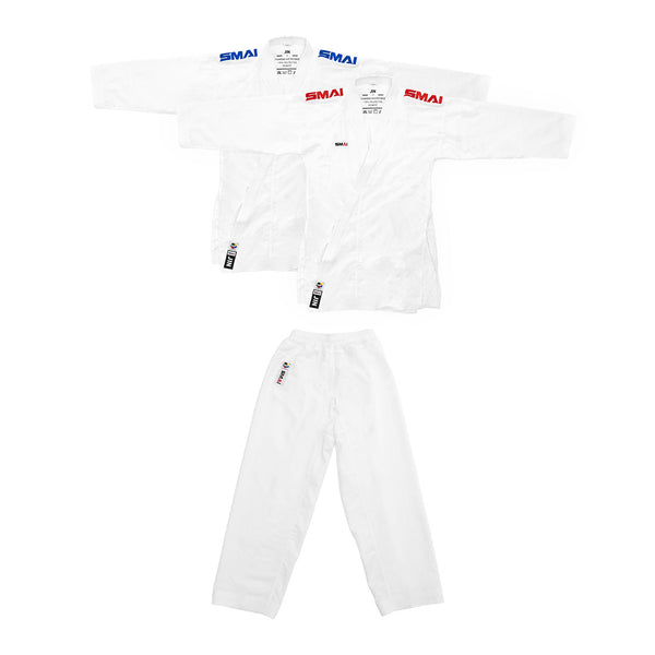 The SMAI WKF Karate Uniform Pack - 8oz Premium Kumite Gi - Jin features two overlapping white karate jackets with blue and red "SMAI" labels and matching pants, ideal for anyone seeking a WKF Approved competition gi.