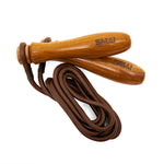 The SMAI Leather Skipping Rope – Wooden Handles features classic style and engraved wooden handles, coiled neatly on a white background.