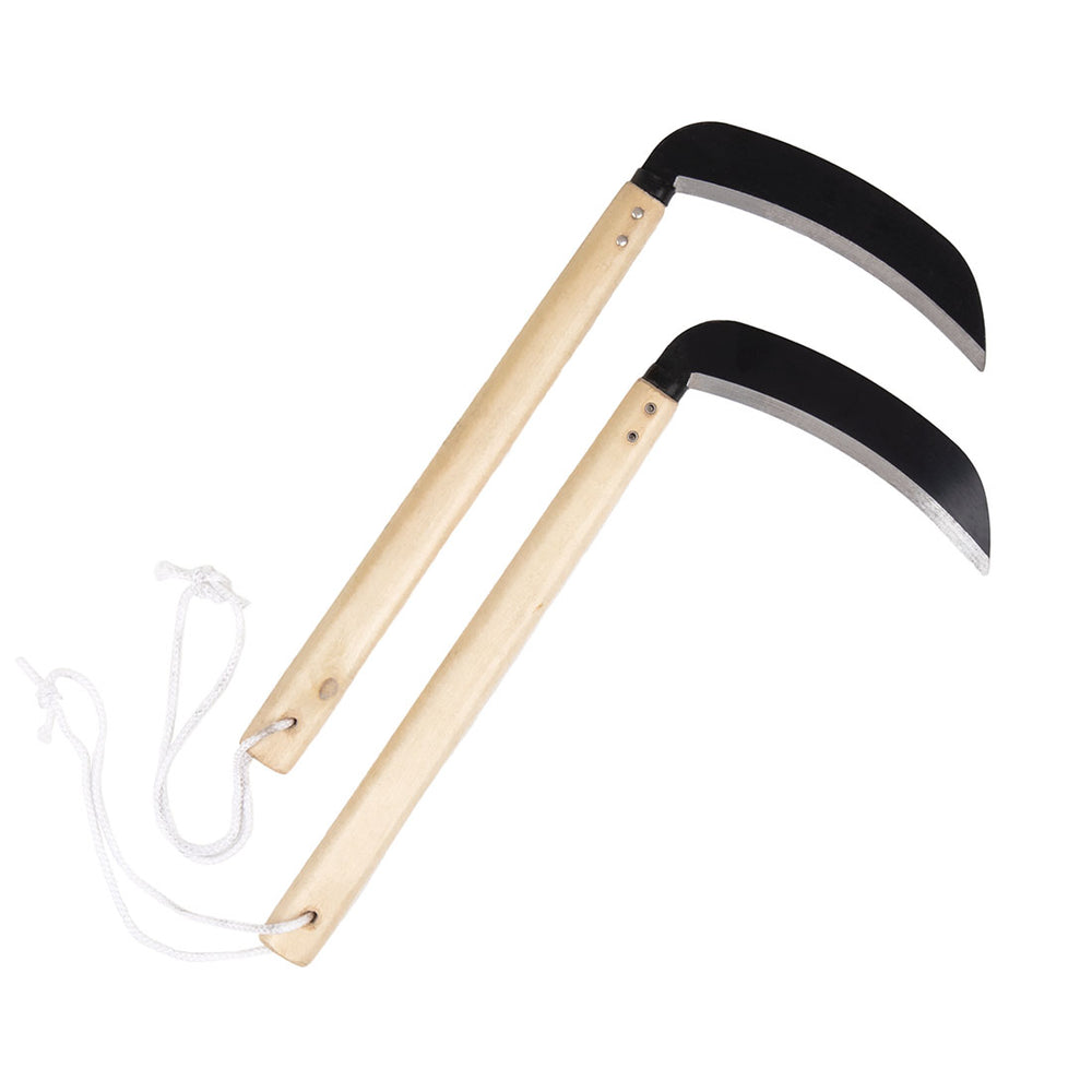 Kama with blunt steel blade and wooden handle pair