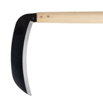 Handle detail of Kama with blunt steel blade and wooden handle