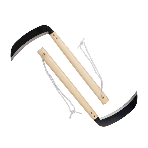 Pair of Kama with blunt steel blade and wooden handle in opposite direction
