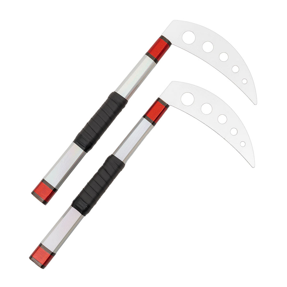 The SMAI Kama Prism Demo in red and silver features metallic handles, black grips, red accents, and curved blades with circular cutouts—ideal for Xtreme Martial Arts or Okinawan kobudo demonstrations.