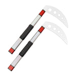 The SMAI Kama Prism Demo in red and silver features metallic handles, black grips, red accents, and curved blades with circular cutouts—ideal for Xtreme Martial Arts or Okinawan kobudo demonstrations.