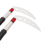 The SMAI Kama Prism Demo features red and silver curved blades with circular cutouts, black grip handles, and striking red accents—perfect for martial arts demonstrations.