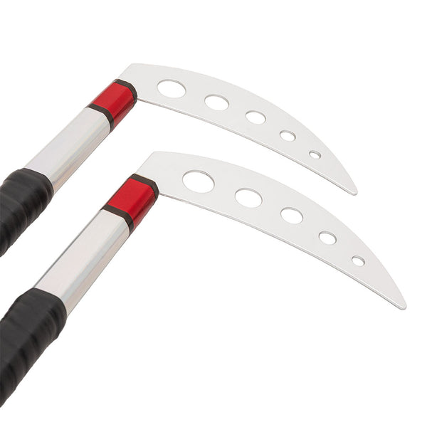 The SMAI Kama Prism Demo features red and silver curved blades with circular cutouts, black grip handles, and striking red accents—perfect for martial arts demonstrations.