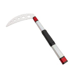 The SMAI Kama Prism Demo features a silver sickle-shaped blade with four holes, a metallic handle with red ends, and a black grip—ideal as an XMA weapon for martial arts demonstrations.