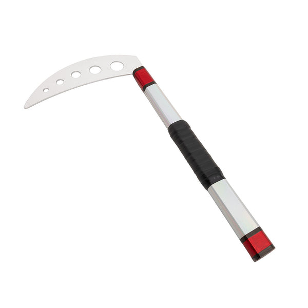 The SMAI Kama Prism Demo features a silver sickle-shaped blade with four holes, a metallic handle with red ends, and a black grip—ideal as an XMA weapon for martial arts demonstrations.
