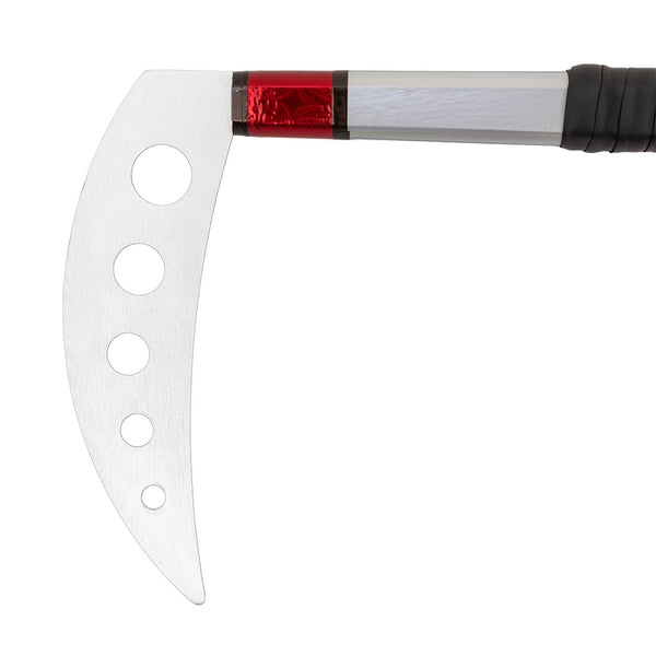 A close-up of the SMAI Kama Prism Demo in red and silver, featuring four round blade holes, a metallic handle with grip, and a red accent—an ideal martial arts demonstration weapon.