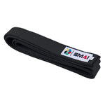 A neatly folded WKF Approved Kata Belt - Premium by SMAI, black in color, with a stitched white label featuring colorful logos and the text “SMAI.”.