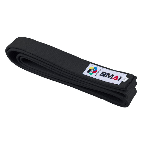 A neatly folded WKF Approved Kata Belt - Premium by SMAI, black in color, with a stitched white label featuring colorful logos and the text “SMAI.”.