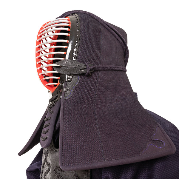 A person wearing the SMAI Kendo Bogu Set, featuring a men (helmet) with red and white metal grille, dark padded fabric, and shoulder guards, is shown from the side against a white background for training protection.