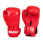Two vibrant red Essentials Kids Boxing Gloves by SMAI—one displays the branded front, the other shows the palm side with a Velcro strap and ventilation holes—perfect for young boxers.