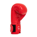 The SMAI Essentials Kids Boxing Glove in red, featuring a velcro strap, is displayed upright against a white background.