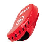 The Essentials Boxing Mitts - Red by SMAI feature black laces, a white target circle, the "SMAI" logo on the front, and an open hand section—ideal for boxing or martial arts training.
