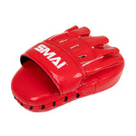 The SMAI Essentials Boxing Mitts - Red feature black stitching, finger slots, and a curved design, ideal for martial arts or boxing training to hold and absorb punches.