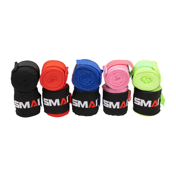 Five pairs of SMAI Boxing Hand Wraps for Youth/Kids (240cms) in black, red, blue, pink, and neon green, each with branded wrist straps, are displayed upright in a row on a white background.