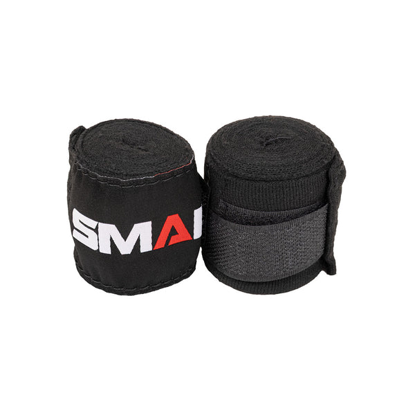 Two SMAI Boxing Hand Wraps for Youth/Kids (240cms, black) are side by side on a white background. One wrap has white and red lettering; the other features a gray section.