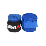 Two rolled blue SMAI Boxing Hand Wraps For Youth/Kids (240cms) are side by side on a white background—one with a black cover showing part of the logo, the other displaying its blue velcro strap.