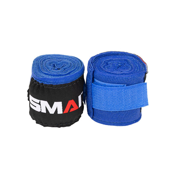 Two rolled blue SMAI Boxing Hand Wraps For Youth/Kids (240cms) are side by side on a white background—one with a black cover showing part of the logo, the other displaying its blue velcro strap.