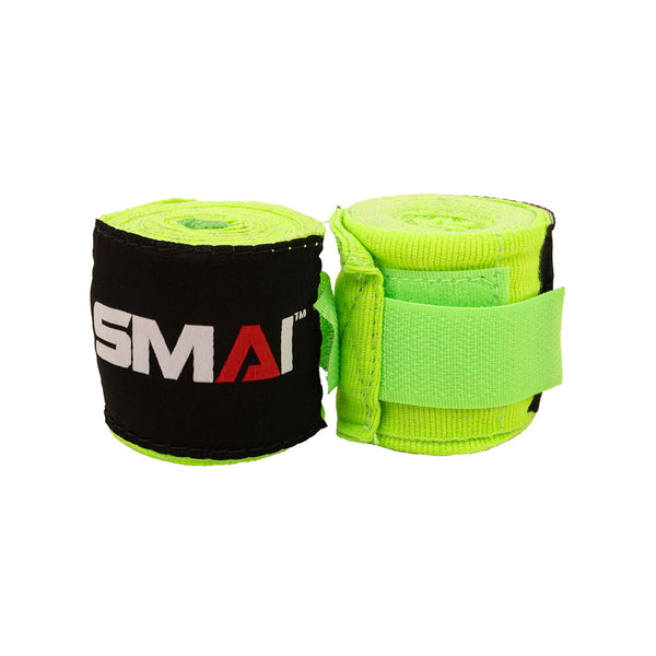 Two green SMAI Boxing Hand Wraps For Youth / Kids (240cms), one fully rolled and one partly unrolled, each with a black and red "SMAI" label, shown on a white background. Ideal for smaller hands in martial arts or boxing.