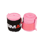 SMAI Boxing Hand Wraps For Youth/Kids (240cms) in pink—includes two wraps, one partially covered in black with a white and red logo. Ideal for boxing or martial arts training and perfect hand wraps for smaller hands.