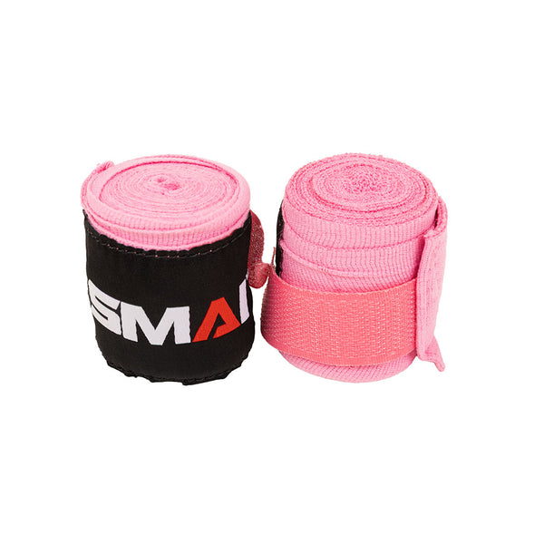 SMAI Boxing Hand Wraps For Youth/Kids (240cms) in pink—includes two wraps, one partially covered in black with a white and red logo. Ideal for boxing or martial arts training and perfect hand wraps for smaller hands.
