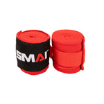 Two rolled SMAI Boxing Hand Wraps For Youth/Kids - 240cms in red, featuring black labels with white and red "SMAI" branding, displayed on a white background.
