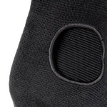 Close-up view of the SMAI Padded Knee Guard - Extra Small shows black knit fabric with a stitched, rounded rectangular padded area, designed for protective use in judo or other martial arts.