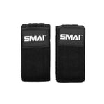 A pair of black "SMAI" Knee Support Wraps for weightlifting are shown side by side on a white background, featuring the brand name in white on rectangular patches—ideal for added support during lifting.