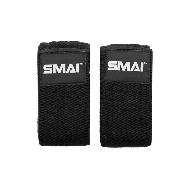 A pair of black "SMAI" Knee Support Wraps for weightlifting are shown side by side on a white background, featuring the brand name in white on rectangular patches—ideal for added support during lifting.