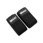 A pair of black SMAI Knee Support Wraps, featuring white branding, displayed side by side on a white background—perfect for supporting your knees during weightlifting or squat training sessions.