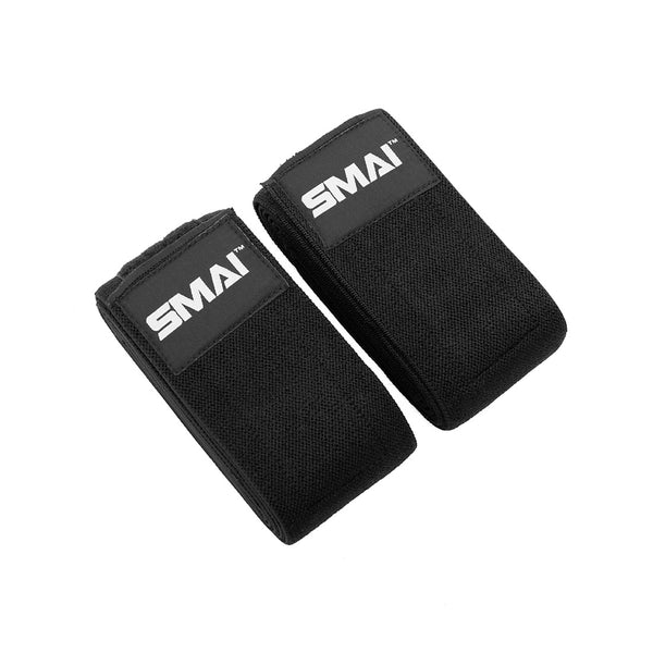 A pair of black SMAI Knee Support Wraps, featuring white branding, displayed side by side on a white background—perfect for supporting your knees during weightlifting or squat training sessions.