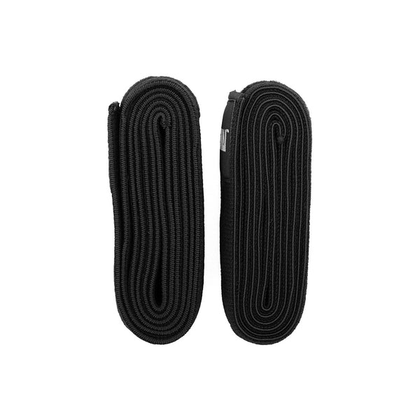 Two SMAI Knee Support Wraps - Weightlifting, neatly rolled in black and placed side by side on a white background, are perfect for powerlifting and knee support.