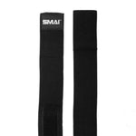 Two black SMAI Knee Support Wraps - Weightlifting laid flat on a white background. The left wrap shows the "SMAI" logo patch, while the right one is plain—both resembling classic martial arts belts.