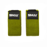 A pair of green SMAI Knee Support Wraps for weightlifting, featuring black patches with the white SMAI logo, displayed side by side on a white background.