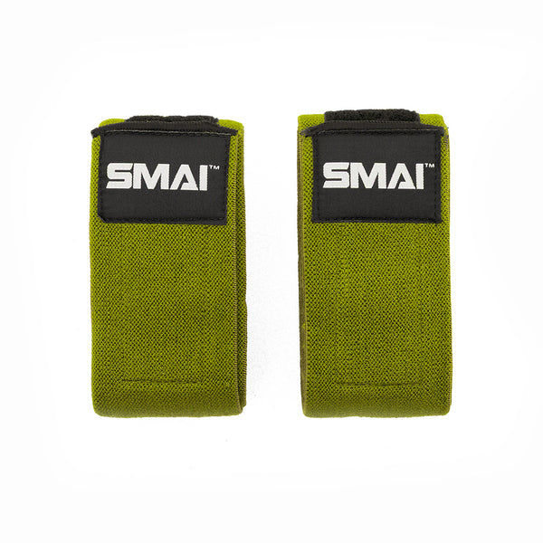 A pair of green SMAI Knee Support Wraps for weightlifting, featuring black patches with the white SMAI logo, displayed side by side on a white background.