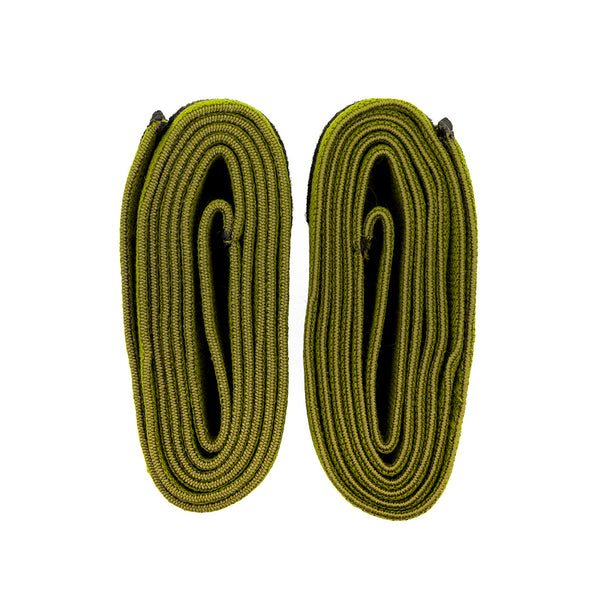 Two rolled-up SMAI Knee Support Wraps - Weightlifting, green in color, side by side on a white background—perfect for powerlifting or squat wrap enthusiasts.