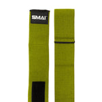 Two SMAI Knee Support Wraps for weightlifting are laid flat side by side on a white background. One has a black patch with “SMAI” in white near the end; the other features a black seam near the end.