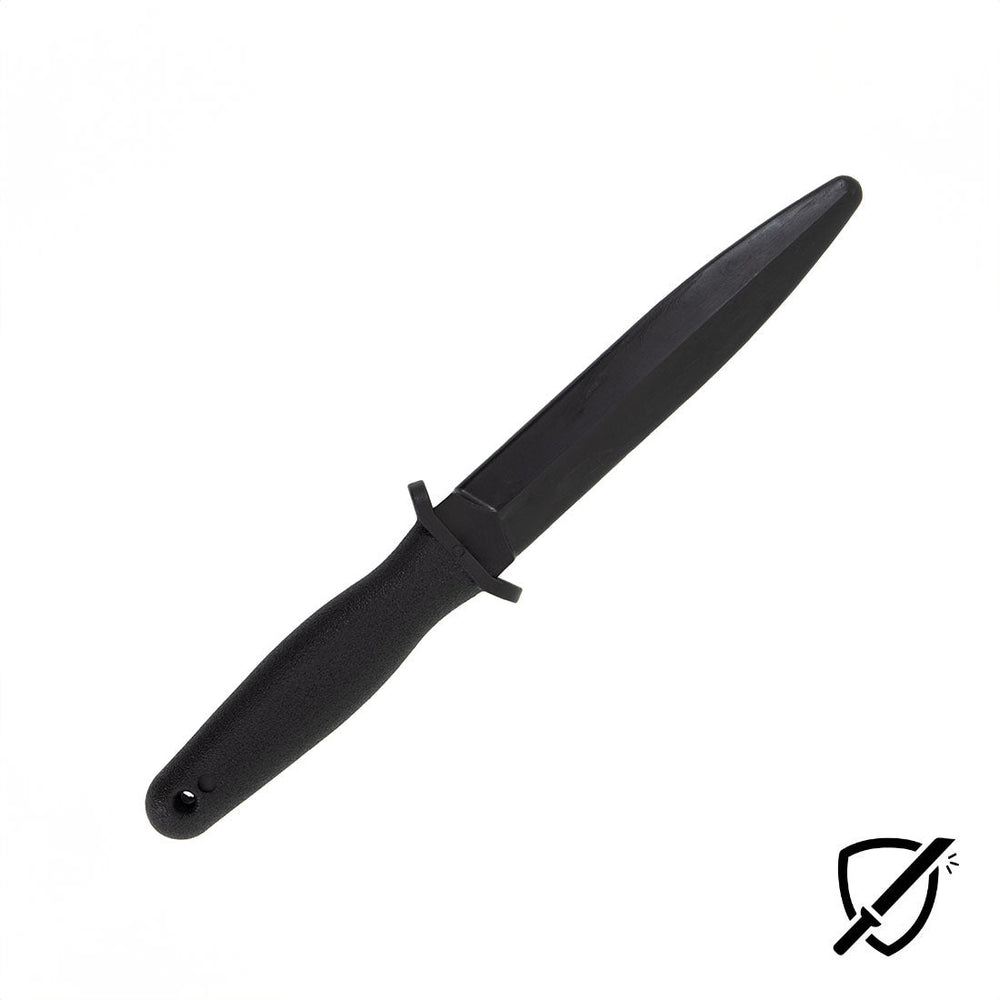The SMAI Knife - Training Dagger Dual Edge - Unbreakable, showcased on a white background, features a black, polypropylene construction that mimics the appearance of an indestructible plastic weapon. It has a blunt edge and textured handle, with a crossed-out knife symbol in the bottom right corner, making it perfect for self-defence training.