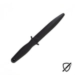 The SMAI Knife - Training Dagger Dual Edge - Unbreakable, showcased on a white background, features a black, polypropylene construction that mimics the appearance of an indestructible plastic weapon. It has a blunt edge and textured handle, with a crossed-out knife symbol in the bottom right corner, making it perfect for self-defence training.