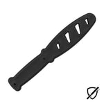 The SMAI Knife - Training Dagger Marker Blade - Unbreakable is a black, flat blade paddle with triangular cutouts and a hole in the handle, crafted from durable polypropylene for martial arts training. It features a subtle megaphone icon in the bottom right corner.