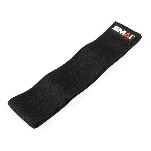 A black Knitted Mini Resistance Band, ideal for glute activation exercises, is displayed on a white background. It has a textured surface and includes a small rectangular label featuring the No Sync To Channel Engine logo on one end.