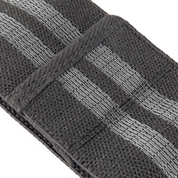 Close-up of a textured, dark gray band from the Knitted Mini Resistance Bands set by No Sync To Channel Engine, featuring two parallel lighter gray woven lines along its length. A rectangular fabric loop is secured across the strap for added detail, making it perfect for enhancing your workout with effective glute activation exercises.
